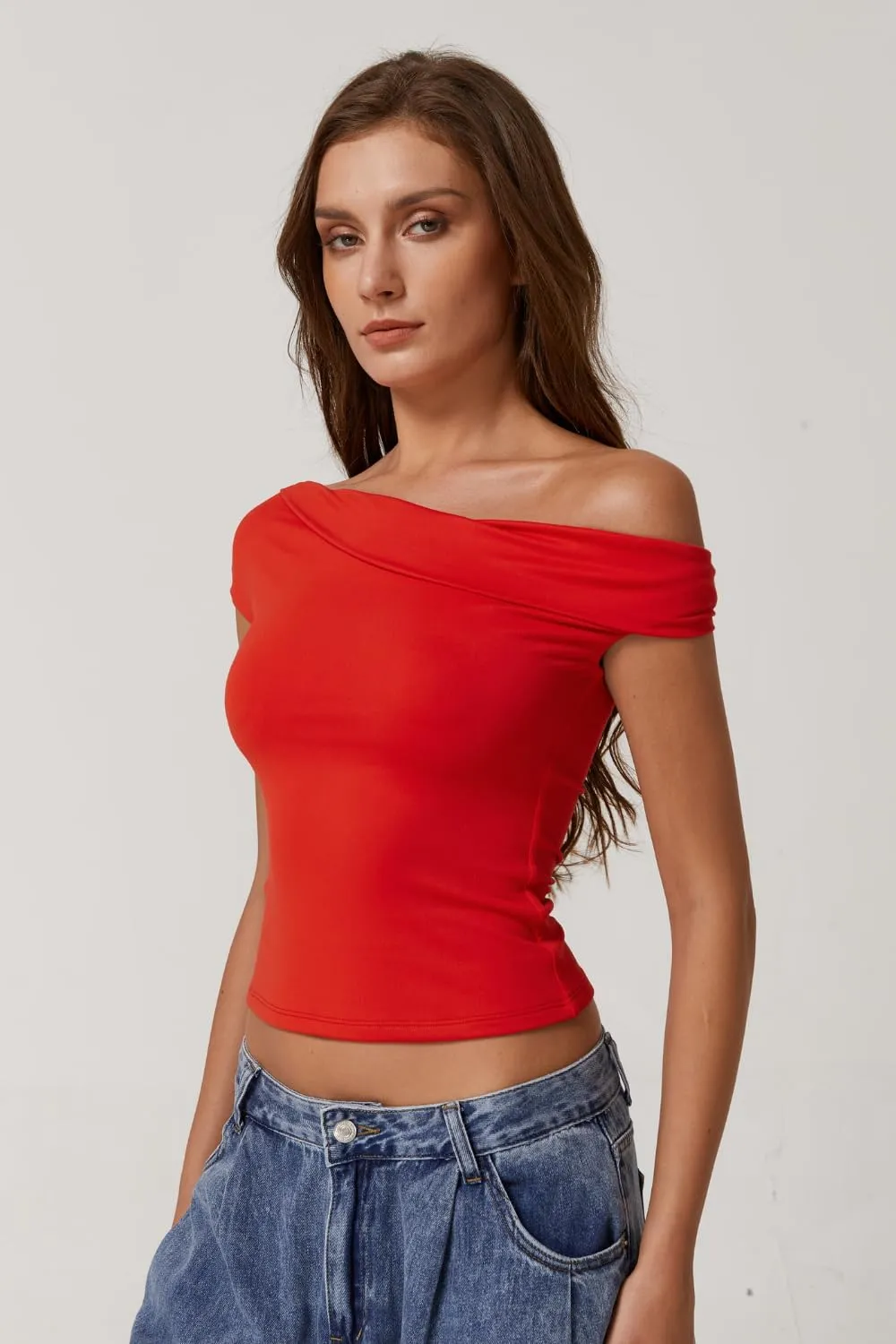 QINSEN Womens Twisted Off The Shoulder Tops Double Lined Short Sleeve T Shirts Slim Fitted Stretchy Tee