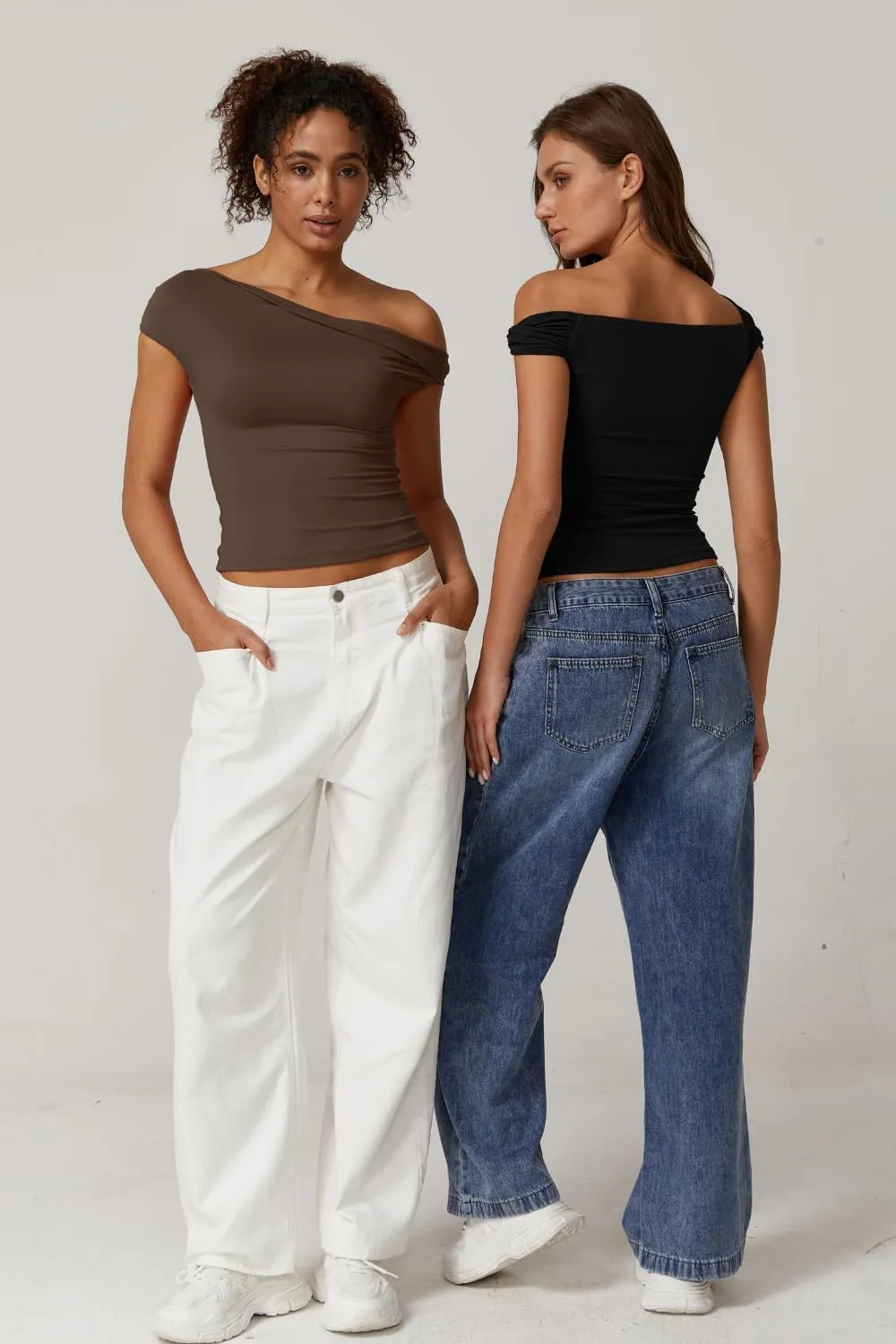 QINSEN Womens Twisted Off The Shoulder Tops Double Lined Short Sleeve T Shirts Slim Fitted Stretchy Tee