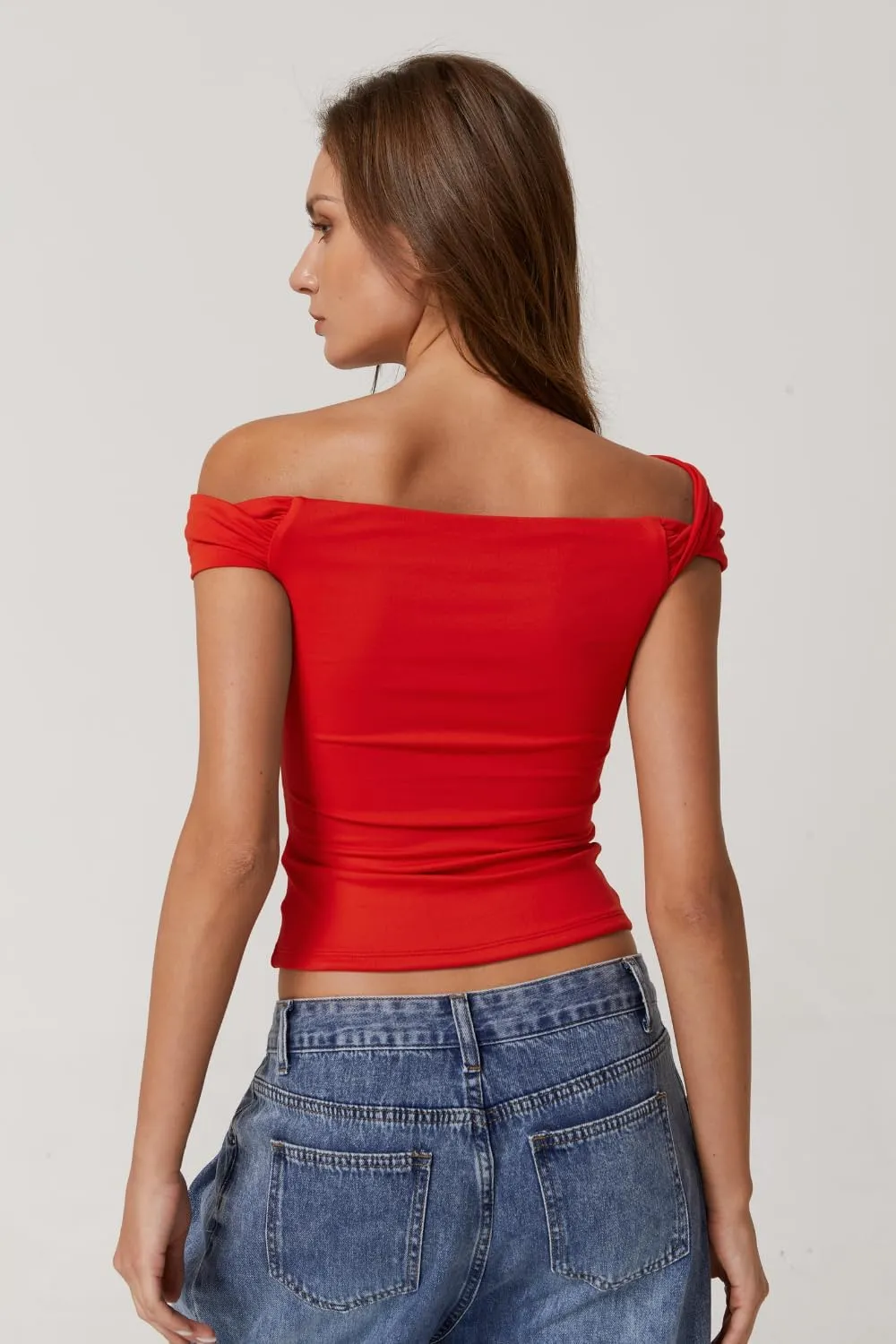 QINSEN Womens Twisted Off The Shoulder Tops Double Lined Short Sleeve T Shirts Slim Fitted Stretchy Tee