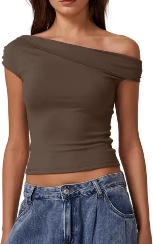 QINSEN Womens Twisted Off The Shoulder Tops Double Lined Short Sleeve T Shirts Slim Fitted Stretchy Tee