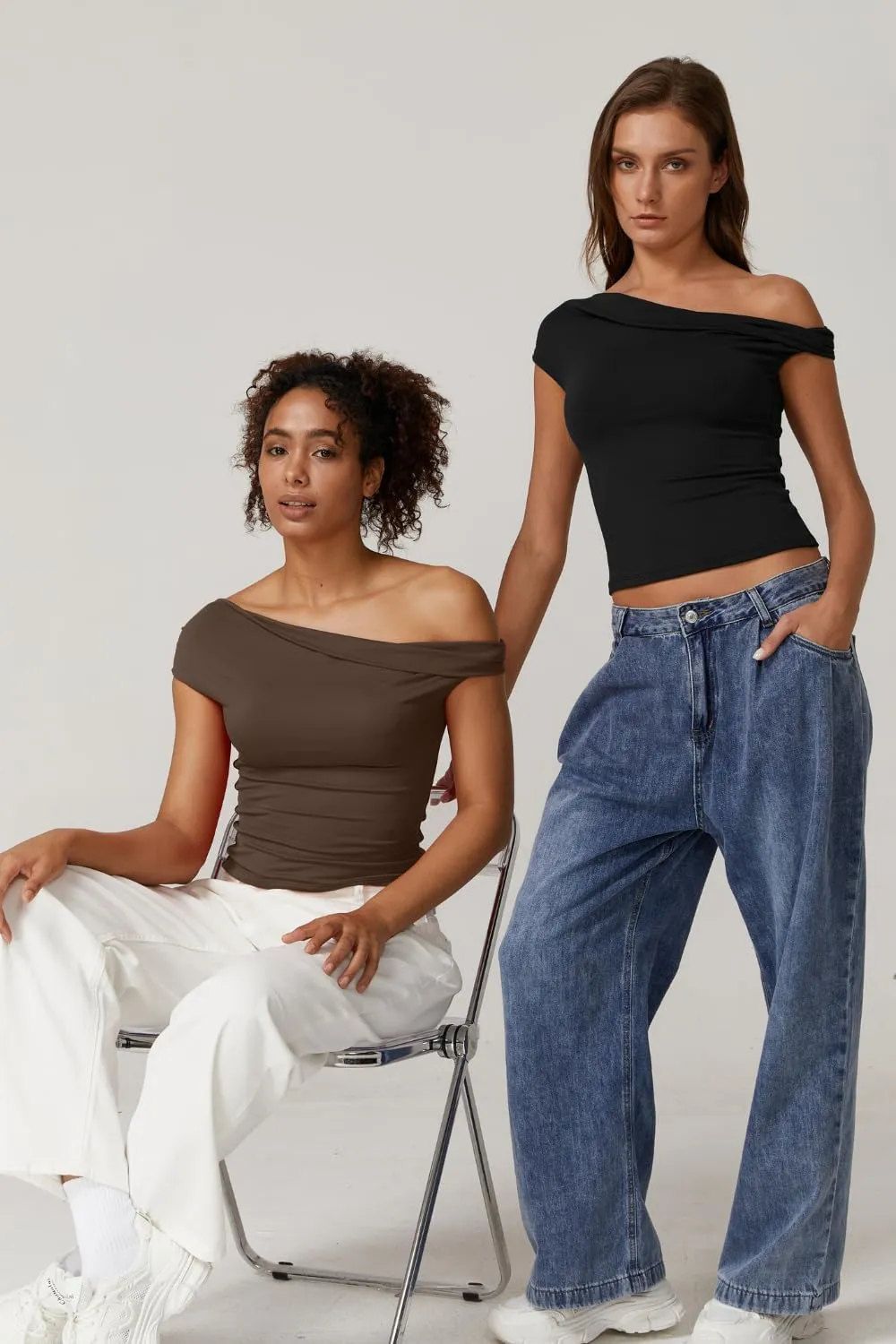QINSEN Womens Twisted Off The Shoulder Tops Double Lined Short Sleeve T Shirts Slim Fitted Stretchy Tee