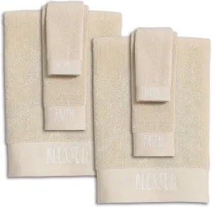 Rae Dunn 6-Piece Towel Set - 100% Cotton Towels for Bathroom Set - 2 Bath Towels 2 Hand Towels 2 Washcloths - 500 GSM - Zero Twist - Gym, Hotel and Spa, Taupe and White
