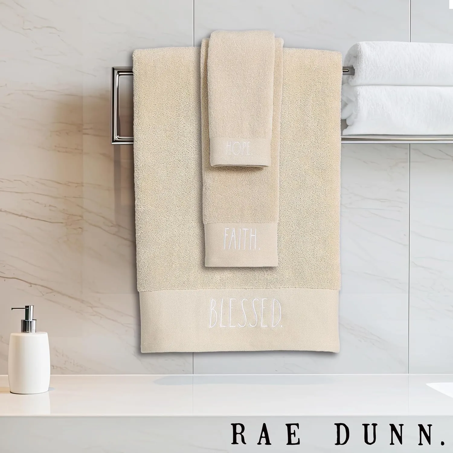 Rae Dunn 6-Piece Towel Set - 100% Cotton Towels for Bathroom Set - 2 Bath Towels 2 Hand Towels 2 Washcloths - 500 GSM - Zero Twist - Gym, Hotel and Spa, Taupe and White
