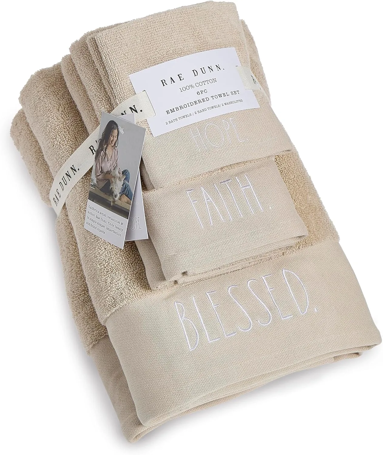 Rae Dunn 6-Piece Towel Set - 100% Cotton Towels for Bathroom Set - 2 Bath Towels 2 Hand Towels 2 Washcloths - 500 GSM - Zero Twist - Gym, Hotel and Spa, Taupe and White