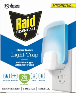Raid Essentials Flying Insect Light Trap Starter Kit, 1 Plug-In Device   1 Cartridge, Featuring Light Powered Attraction