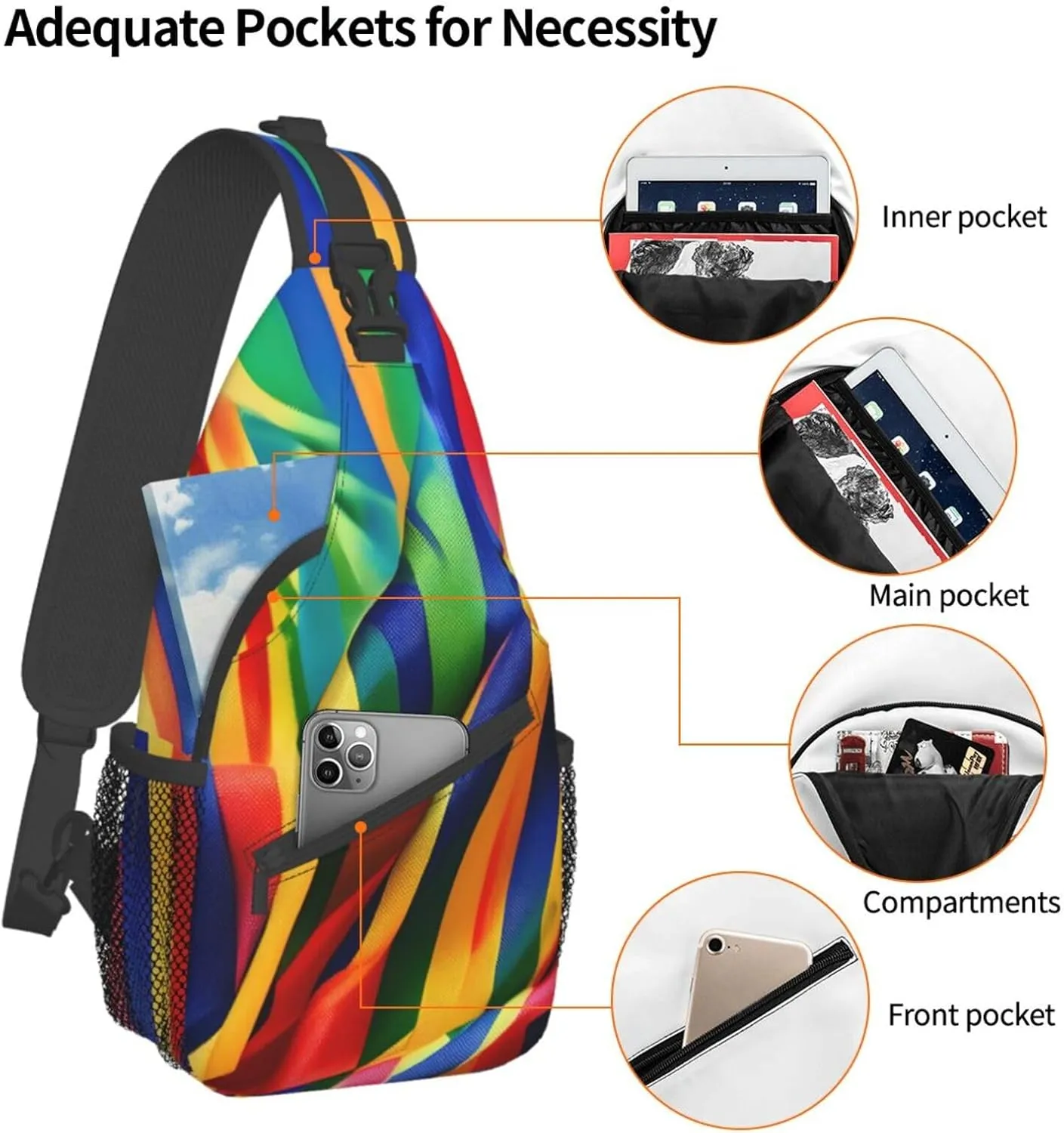 Rainbow Color stripe Print Sling Backpack, Sling Bag, Crossbody Chest Bag Daypack, for Hiking Travel