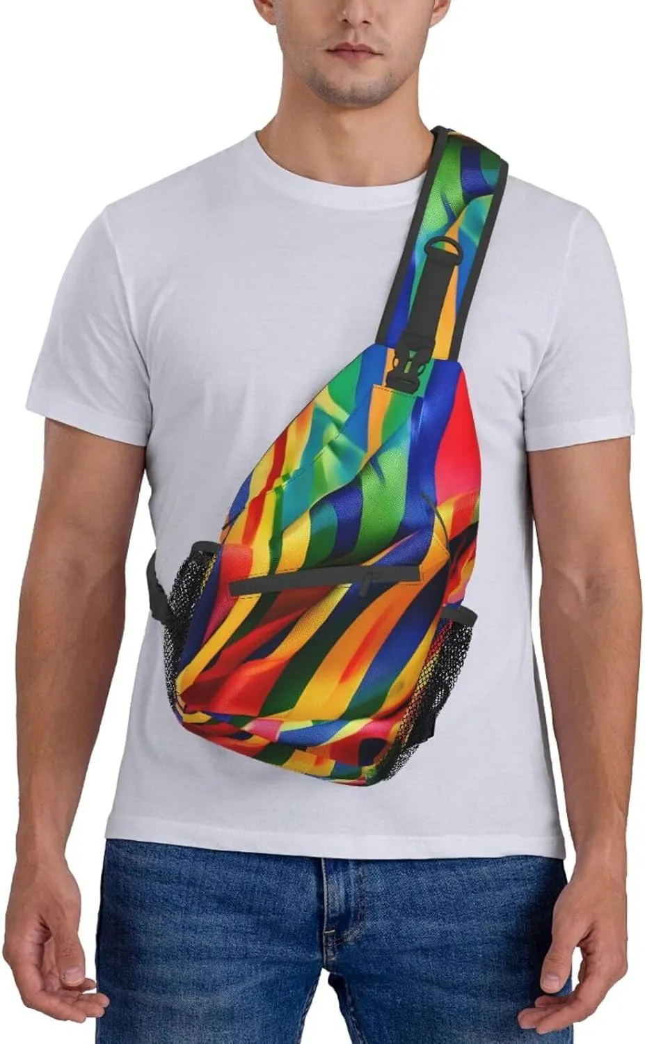 Rainbow Color stripe Print Sling Backpack, Sling Bag, Crossbody Chest Bag Daypack, for Hiking Travel