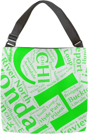 Rand Cites Chicago, Illinois Districts Word Art-Green Tote Bag-Adjustable Handle