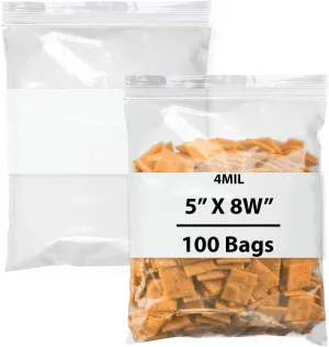 Reclosable Zip Poly Bags Write On Block, 4Mil 5" X 8W" & 100 Bags | LDPE Material, Clear Plastic with Resealable Lock Seal Zipper | Resealable Zip Top Lock For Travel, Storage, Packaging & Shipping