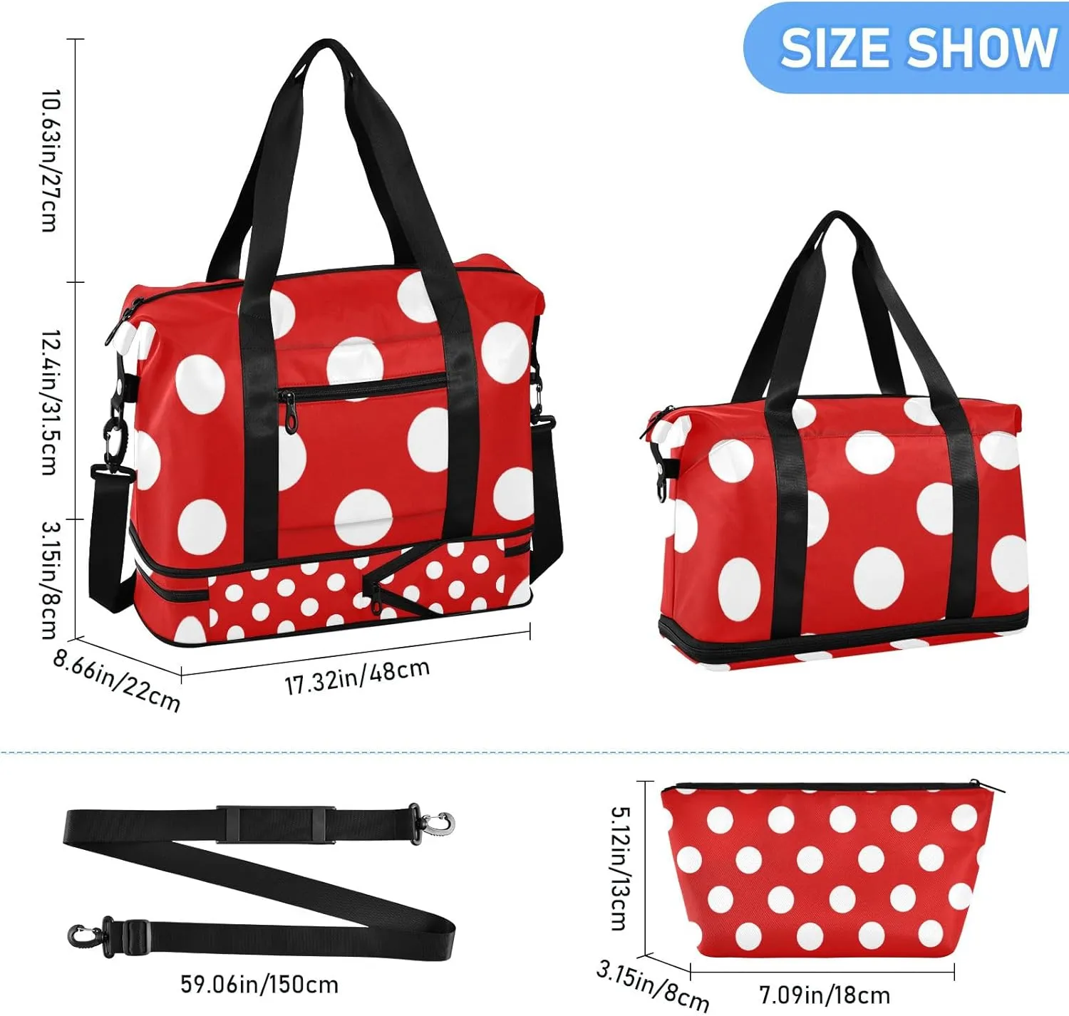 Red and White Polka Dot Travel Duffel Gym Sports Luggage Bag Expandable Large Capacity Sports Bag for Women and Men