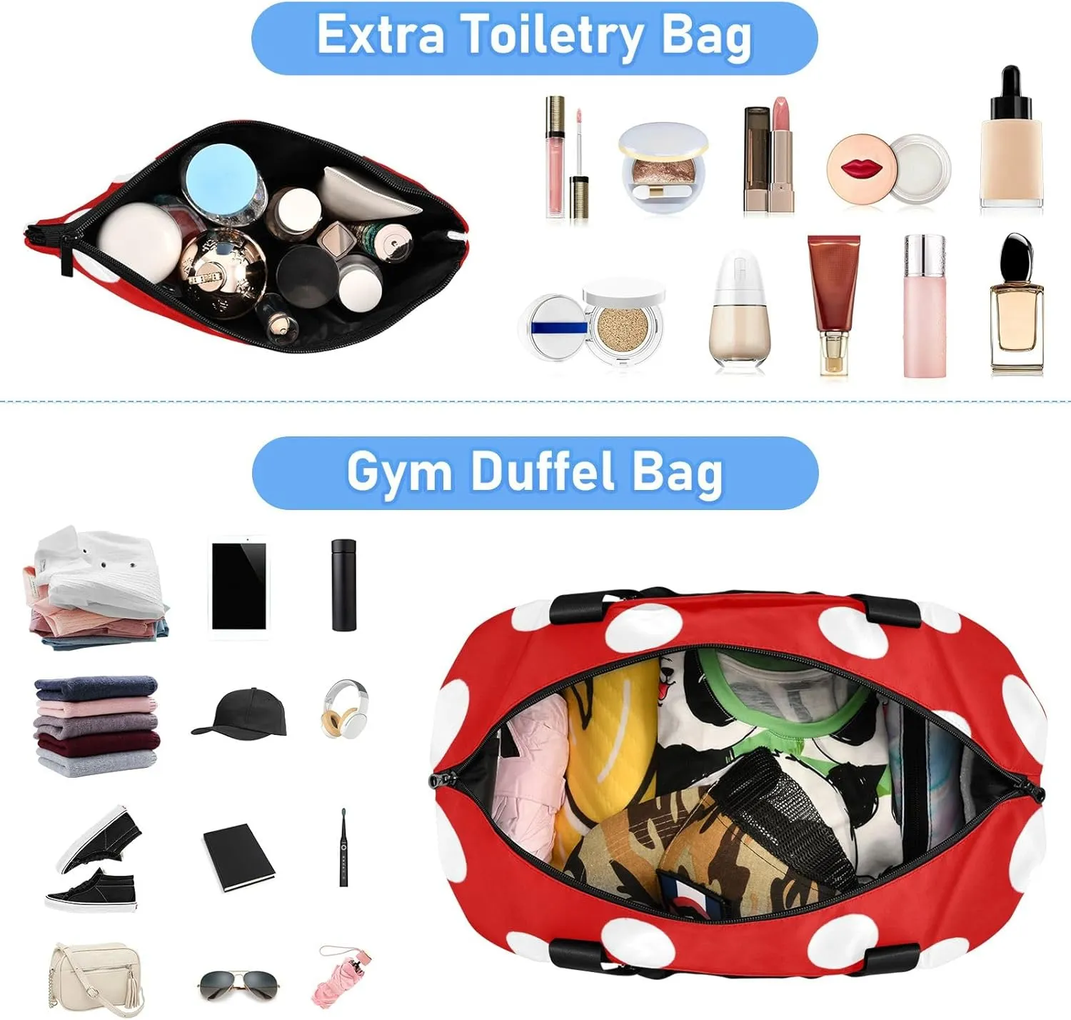 Red and White Polka Dot Travel Duffel Gym Sports Luggage Bag Expandable Large Capacity Sports Bag for Women and Men
