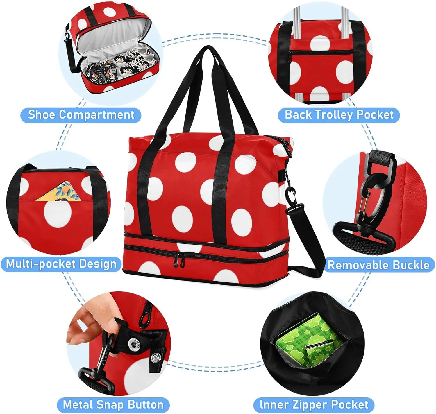 Red and White Polka Dot Travel Duffel Gym Sports Luggage Bag Expandable Large Capacity Sports Bag for Women and Men