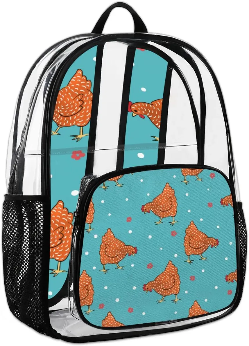 Red Hens Pattern Clear Backpack Stadium Approved Heavy Duty Transparent Backpack for Women Men Large PVC See Through Bag for Sports Event Concert Festival Work Travel