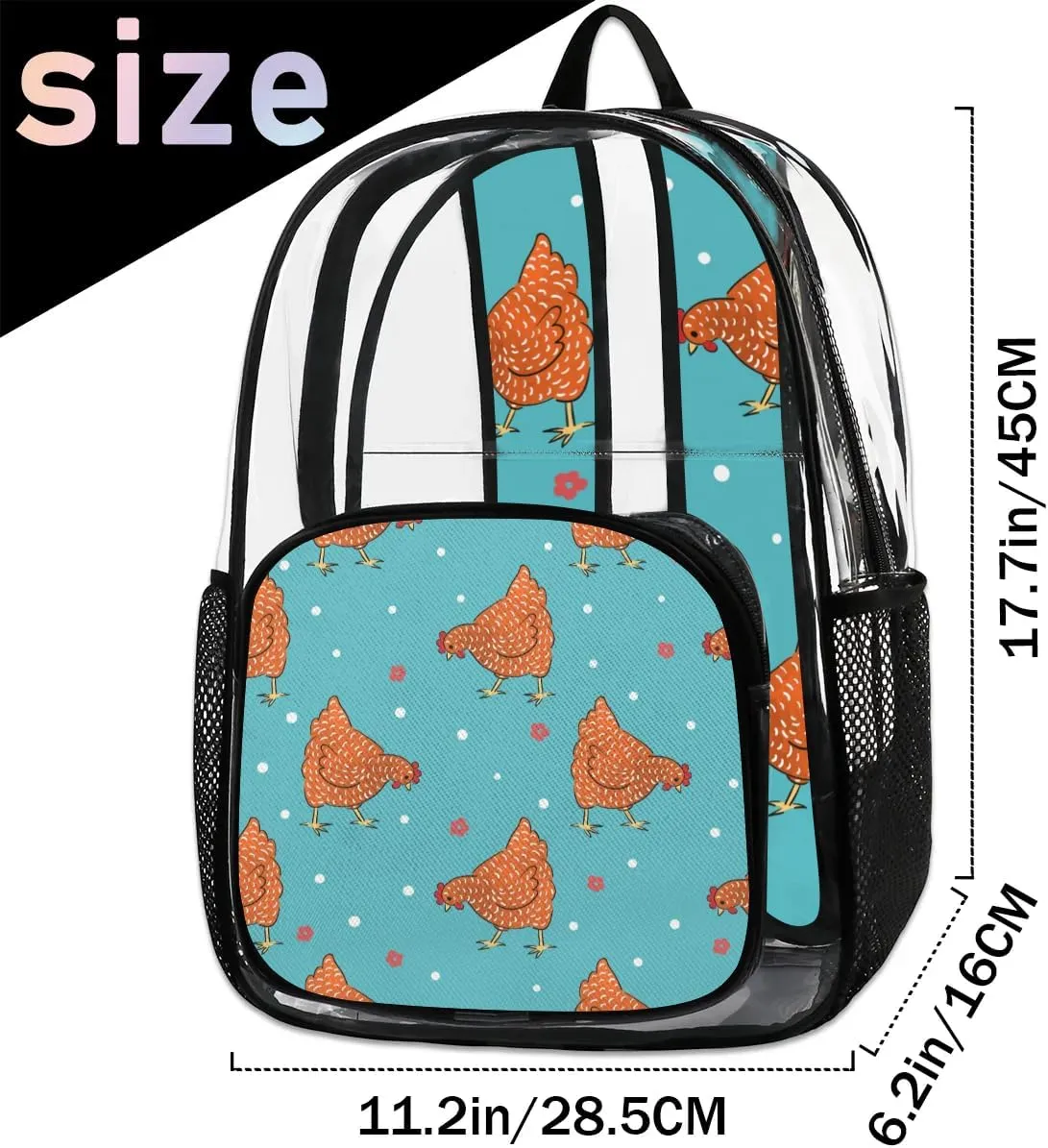 Red Hens Pattern Clear Backpack Stadium Approved Heavy Duty Transparent Backpack for Women Men Large PVC See Through Bag for Sports Event Concert Festival Work Travel