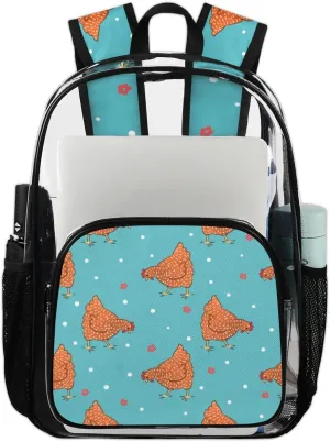Red Hens Pattern Clear Backpack Stadium Approved Heavy Duty Transparent Backpack for Women Men Large PVC See Through Bag for Sports Event Concert Festival Work Travel