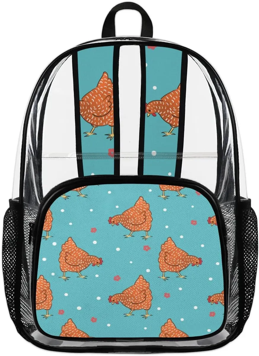 Red Hens Pattern Clear Backpack Stadium Approved Heavy Duty Transparent Backpack for Women Men Large PVC See Through Bag for Sports Event Concert Festival Work Travel