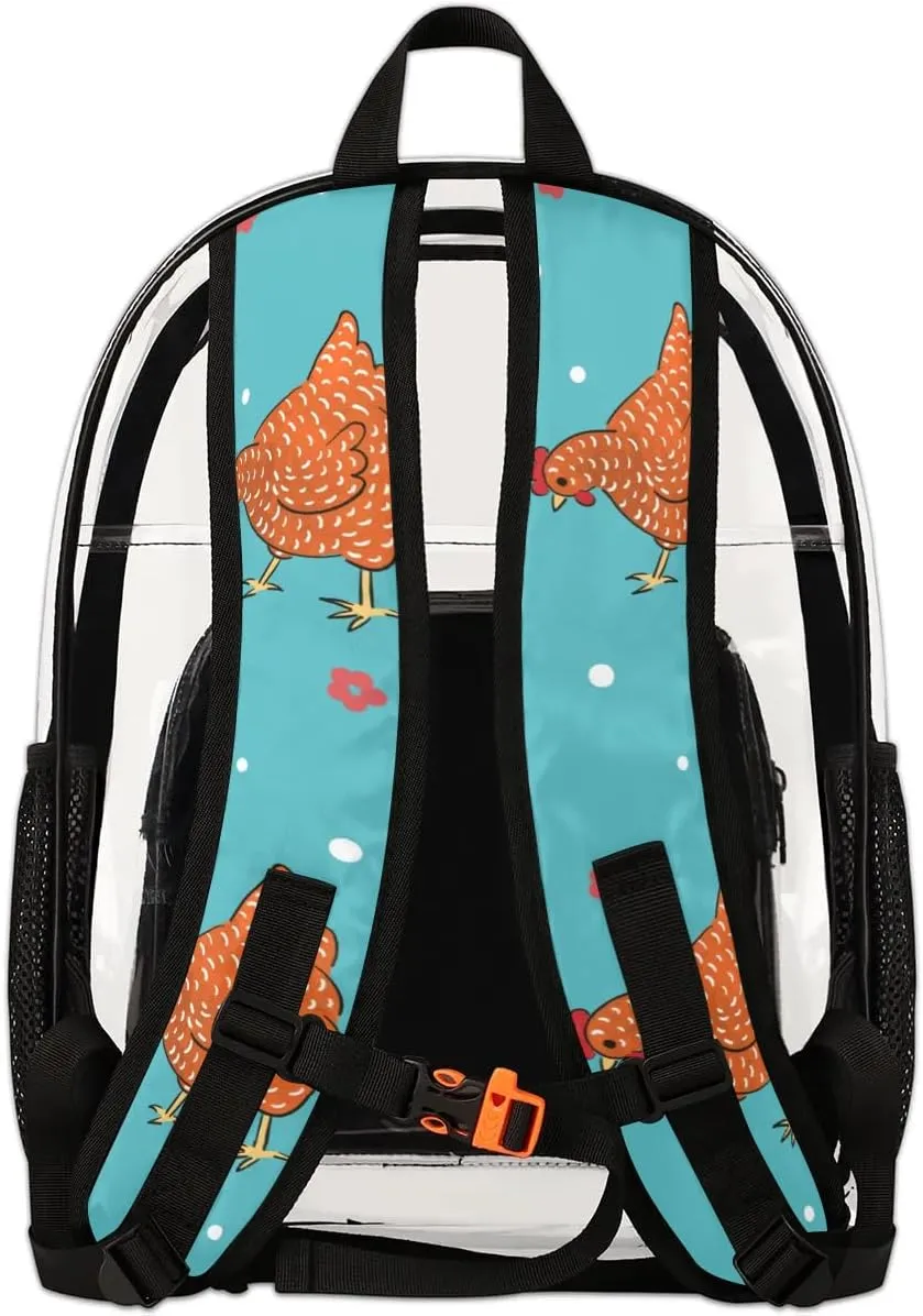 Red Hens Pattern Clear Backpack Stadium Approved Heavy Duty Transparent Backpack for Women Men Large PVC See Through Bag for Sports Event Concert Festival Work Travel