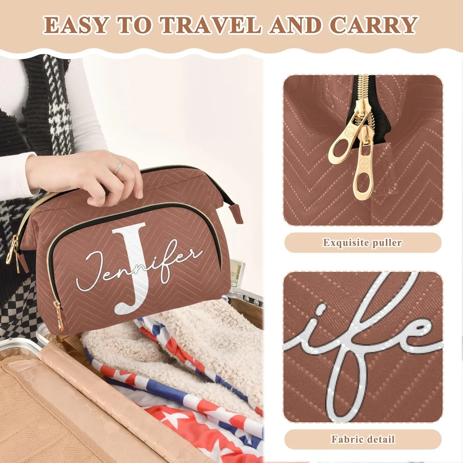 Reddish Brown Custom Makeup Bag Travel Toiletry Bag Cute Cosmetic Bag Pouch Make Up Bags Small Makeup Box Case Skincare Bag Organizer for Purse Women Men Toiletries Sports Trip Adults