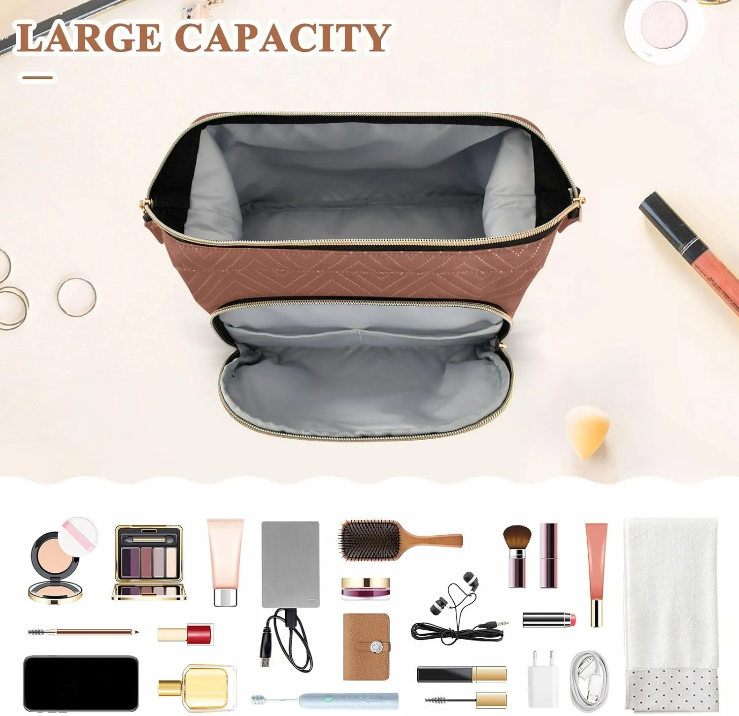 Reddish Brown Custom Makeup Bag Travel Toiletry Bag Cute Cosmetic Bag Pouch Make Up Bags Small Makeup Box Case Skincare Bag Organizer for Purse Women Men Toiletries Sports Trip Adults