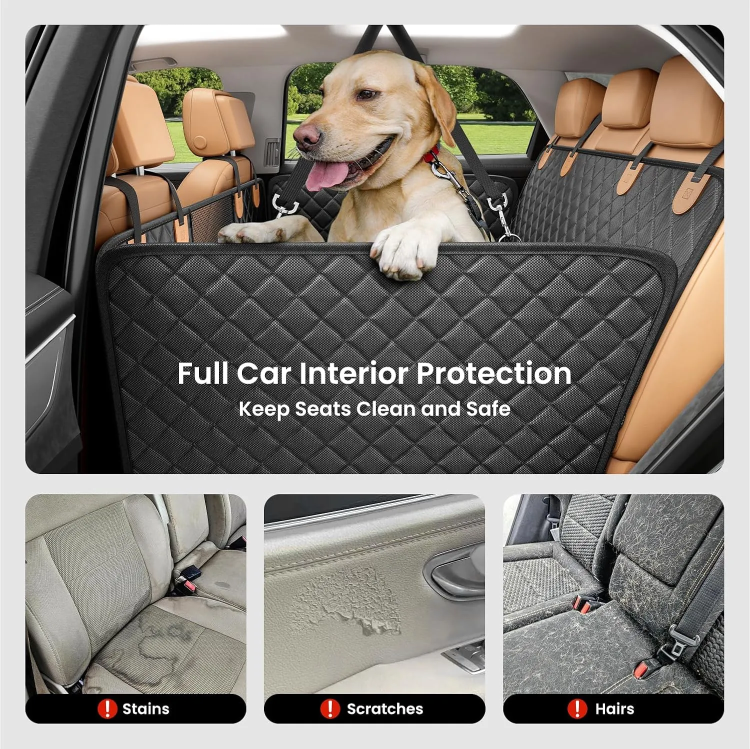 REEVAA Dog Car Seat Cover for Back Seat, Hard Bottom Dog Hammock, Pet Bed Extender for 2-4 Large/Medium Dogs, Ruff Waterproof Seat Protector, Rover Universal L Size for SUV Medium Truck, Black Orange