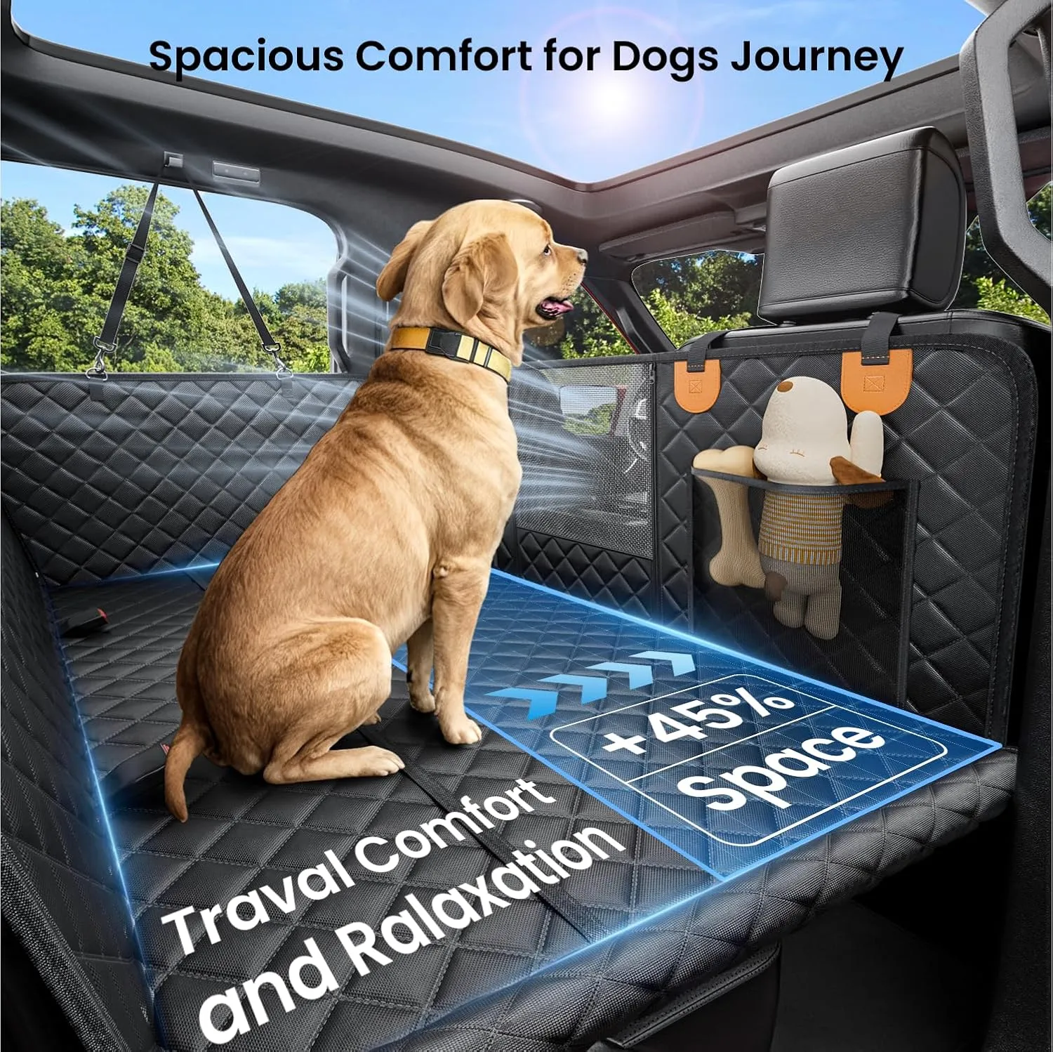 REEVAA Dog Car Seat Cover for Back Seat, Hard Bottom Dog Hammock, Pet Bed Extender for 2-4 Large/Medium Dogs, Ruff Waterproof Seat Protector, Rover Universal L Size for SUV Medium Truck, Black Orange
