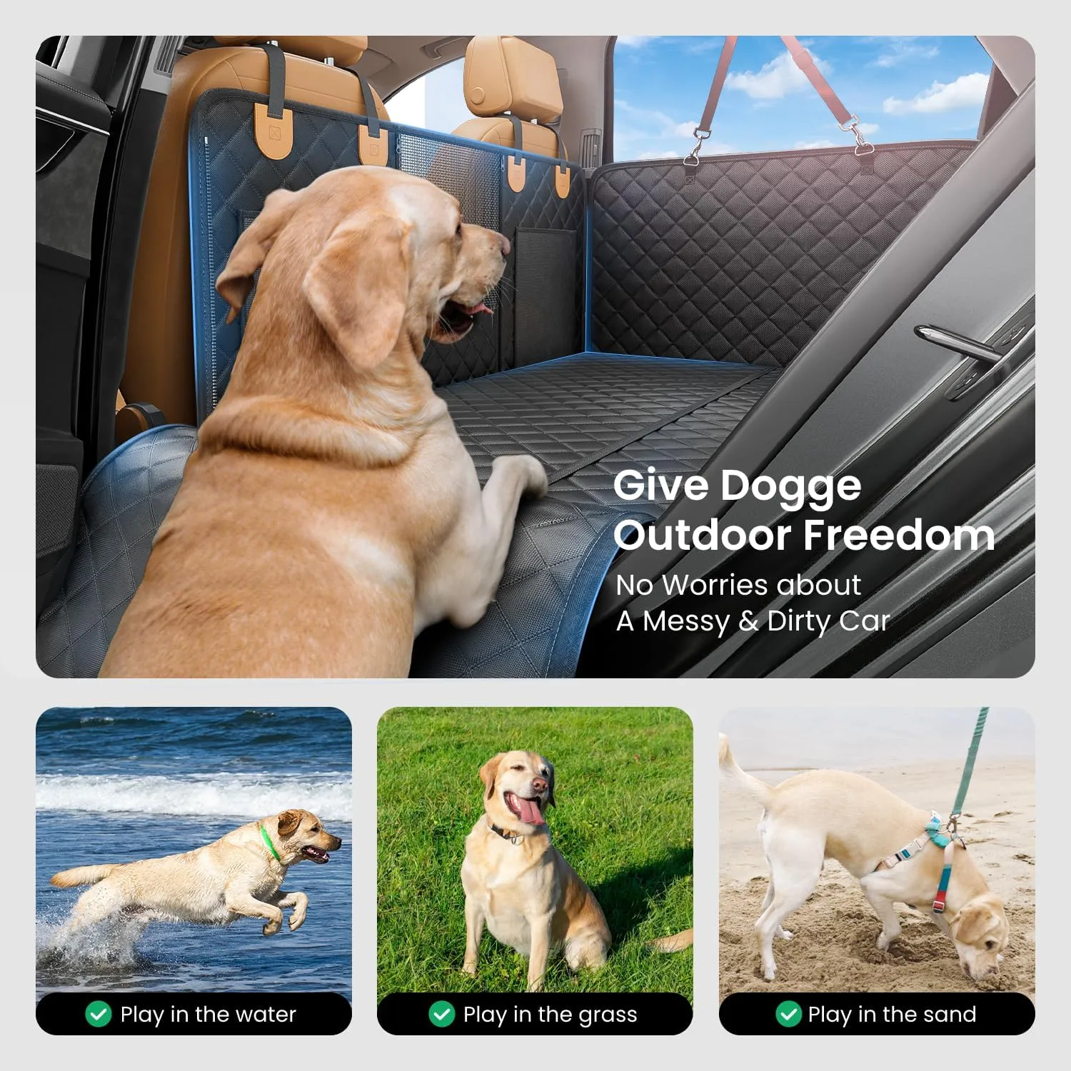 REEVAA Dog Car Seat Cover for Back Seat, Hard Bottom Dog Hammock, Pet Bed Extender for 2-4 Large/Medium Dogs, Ruff Waterproof Seat Protector, Rover Universal L Size for SUV Medium Truck, Black Orange
