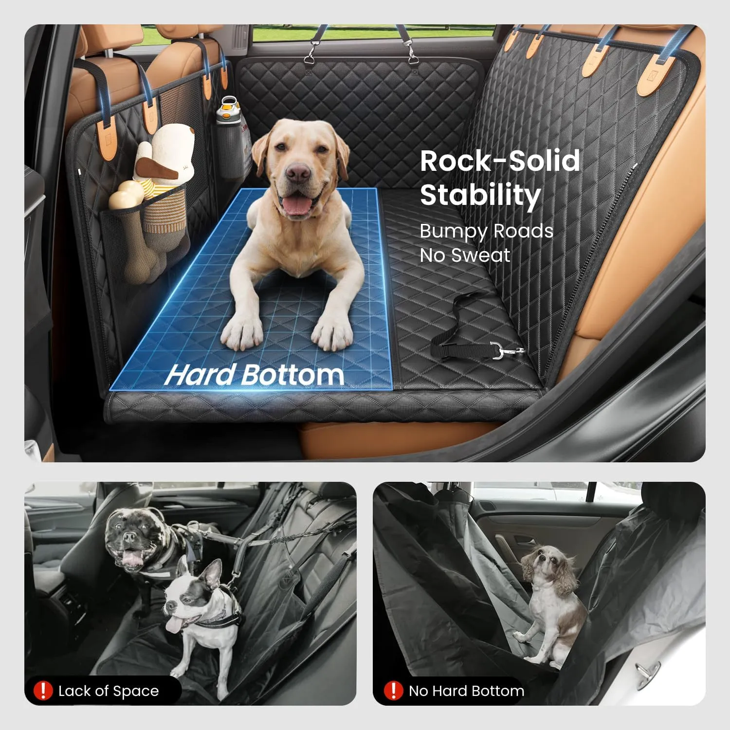 REEVAA Dog Car Seat Cover for Back Seat, Hard Bottom Dog Hammock, Pet Bed Extender for 2-4 Large/Medium Dogs, Ruff Waterproof Seat Protector, Rover Universal L Size for SUV Medium Truck, Black Orange