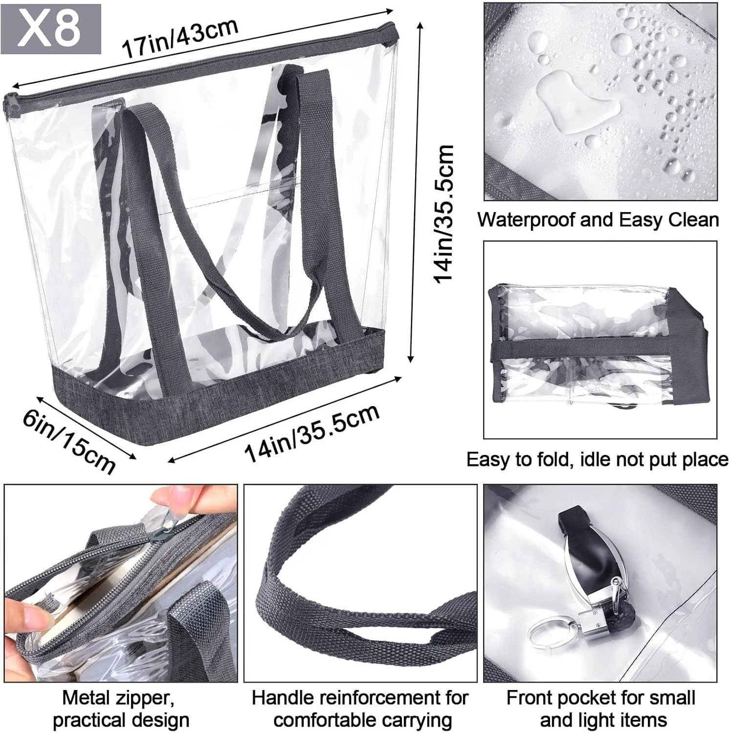 Reginary 8 Pieces Clear Tote Bags Shoulder Handbag Security Approved See Through Bag with Zipper Closure for Travel Work