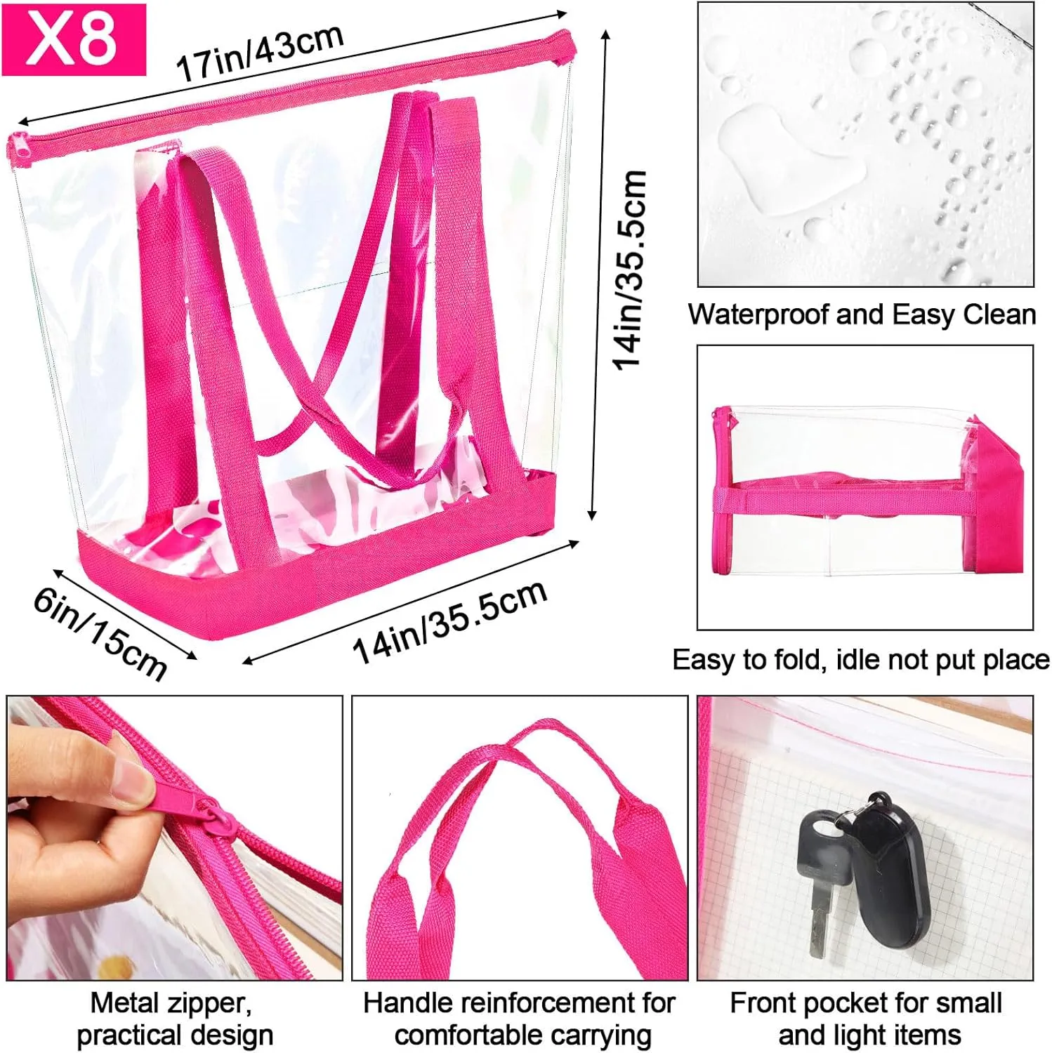 Reginary 8 Pieces Clear Tote Bags Shoulder Handbag Security Approved See Through Bag with Zipper Closure for Travel Work
