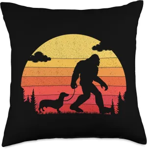 Retro Bigfoot Silhouette Walking Dachshund Dog Throw Pillow