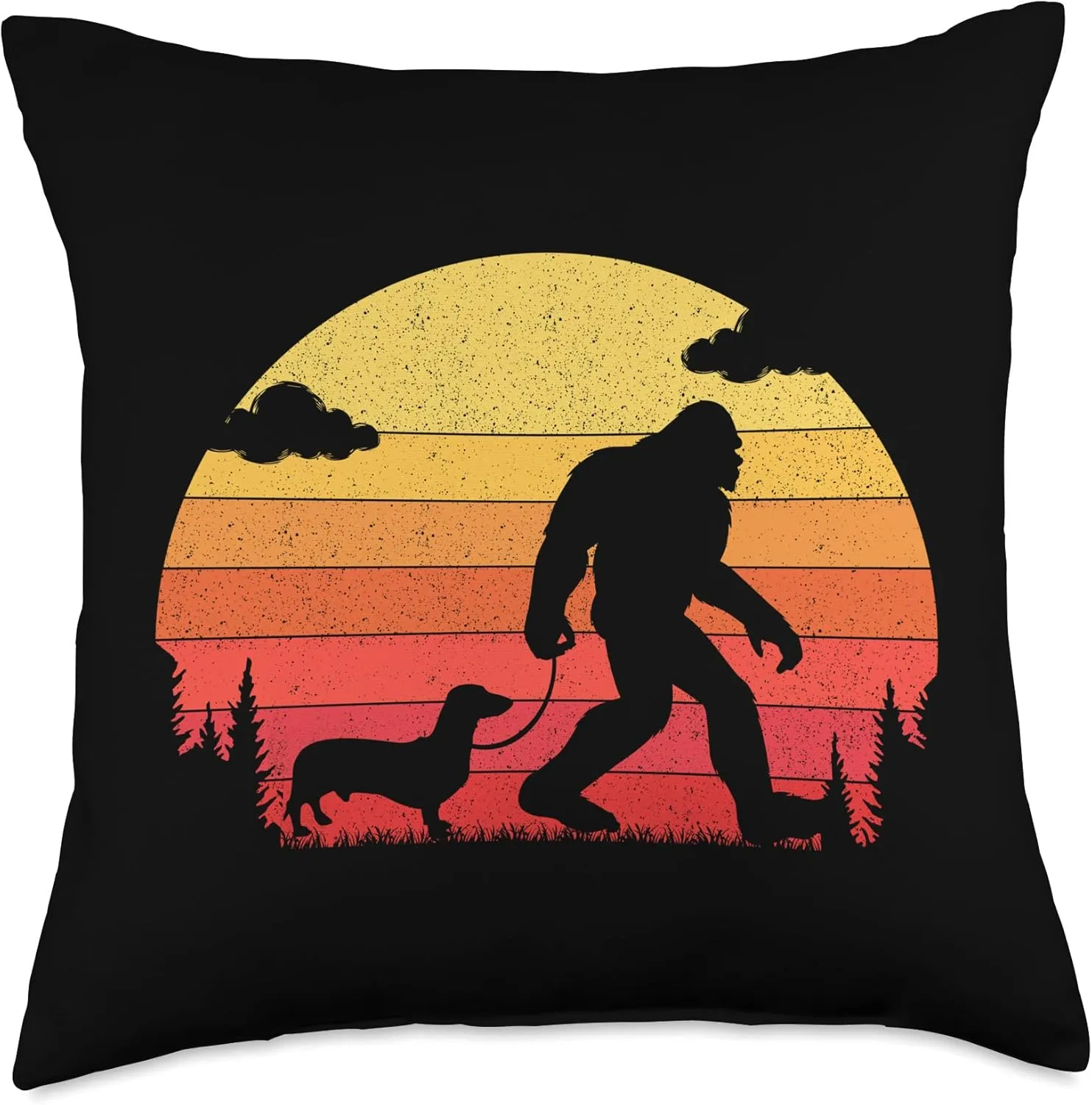 Retro Bigfoot Silhouette Walking Dachshund Dog Throw Pillow