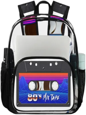 Retro Cassette Tape Clear Backpack Stadium Approved Heavy Duty Transparent Backpack for Women Men Large PVC See Through Bag for Sports Event Concert Festival Work Travel