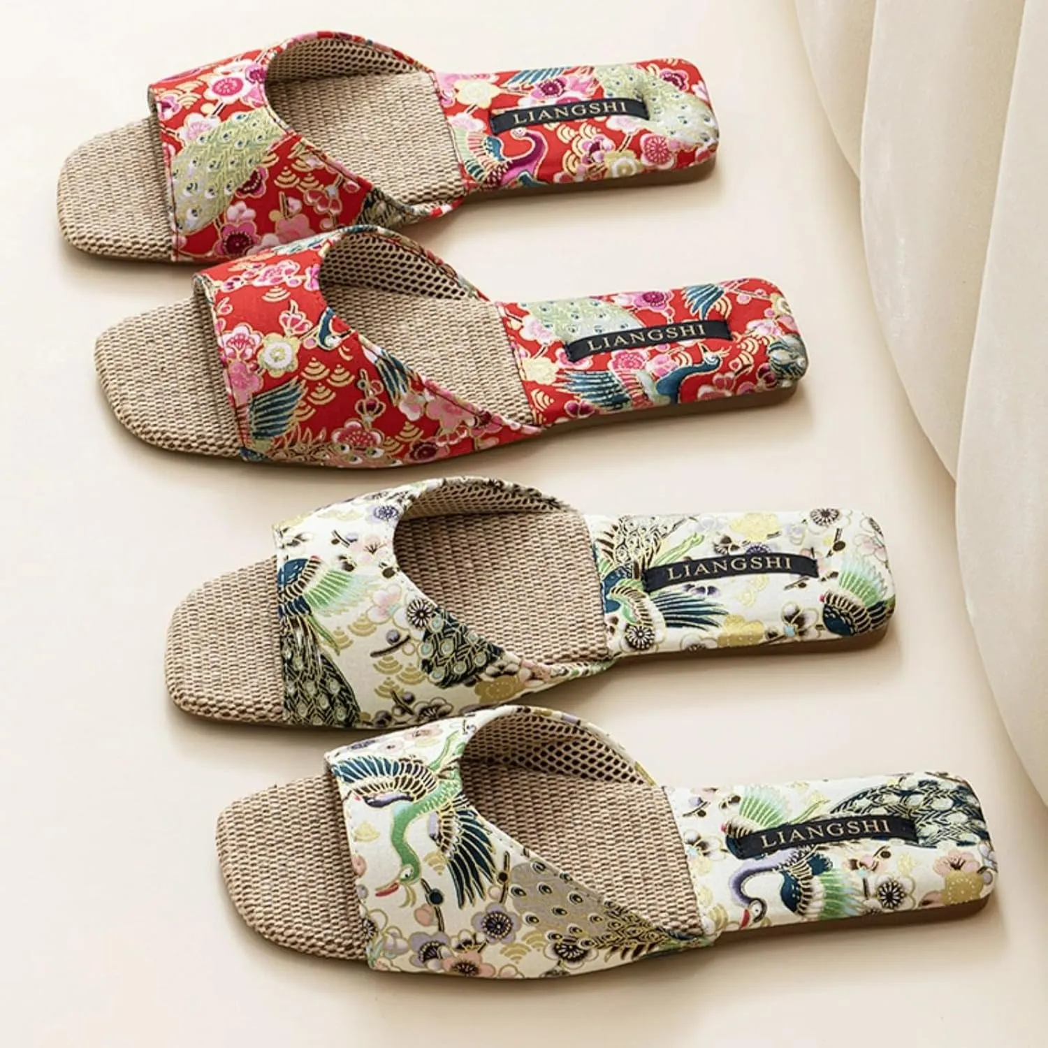 Retro Embroidered Slippers for Women Single Strap Slides Linen Upper Soft TPR Anti-Slip Soles Indoor Slippers