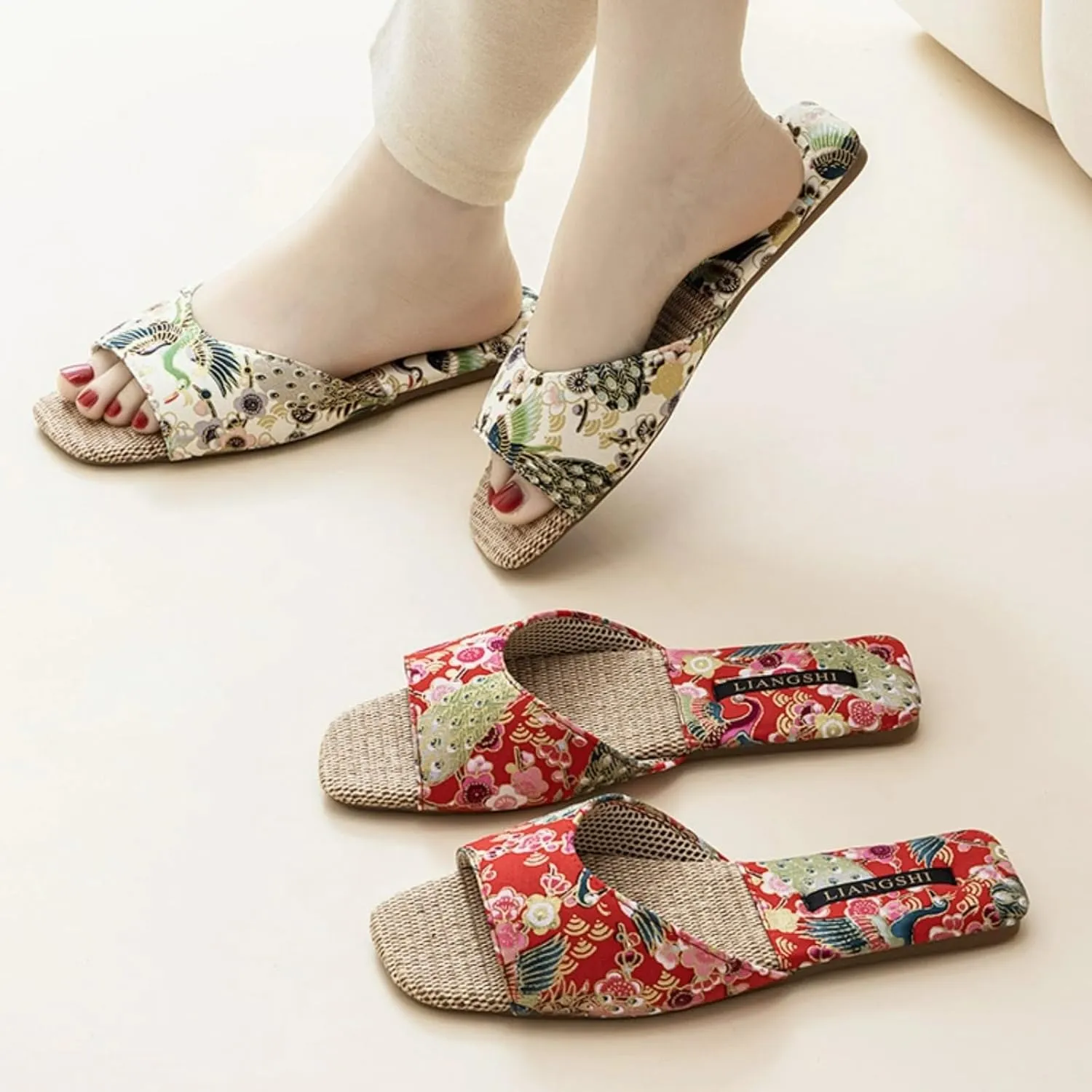 Retro Embroidered Slippers for Women Single Strap Slides Linen Upper Soft TPR Anti-Slip Soles Indoor Slippers