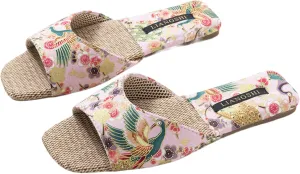 Retro Embroidered Slippers for Women Single Strap Slides Linen Upper Soft TPR Anti-Slip Soles Indoor Slippers