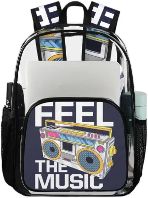 Retro Music Cartoon Boombox Clear Backpack Stadium Approved Heavy Duty Transparent Backpack for Women Men Large PVC See Through Bag for Sports Event Concert Festival Work Travel