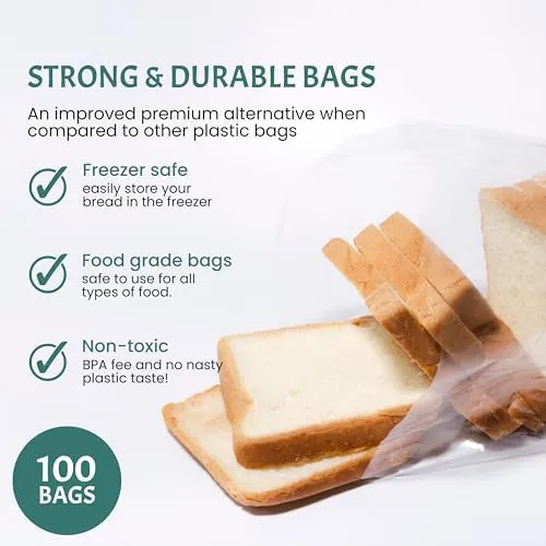 Reusable Plastic Bread Bags for Homemade 10x22"- Clear Bag with Ties For An Airtight Moisture-free Preservation and Storage- Loaf Home Bakers Bakery Owners (50)