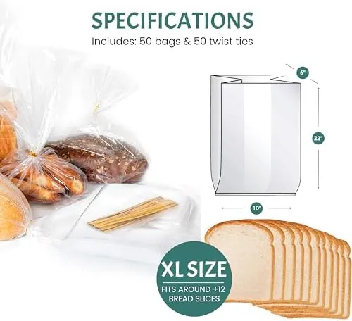 Reusable Plastic Bread Bags for Homemade 10x22"- Clear Bag with Ties For An Airtight Moisture-free Preservation and Storage- Loaf Home Bakers Bakery Owners (50)