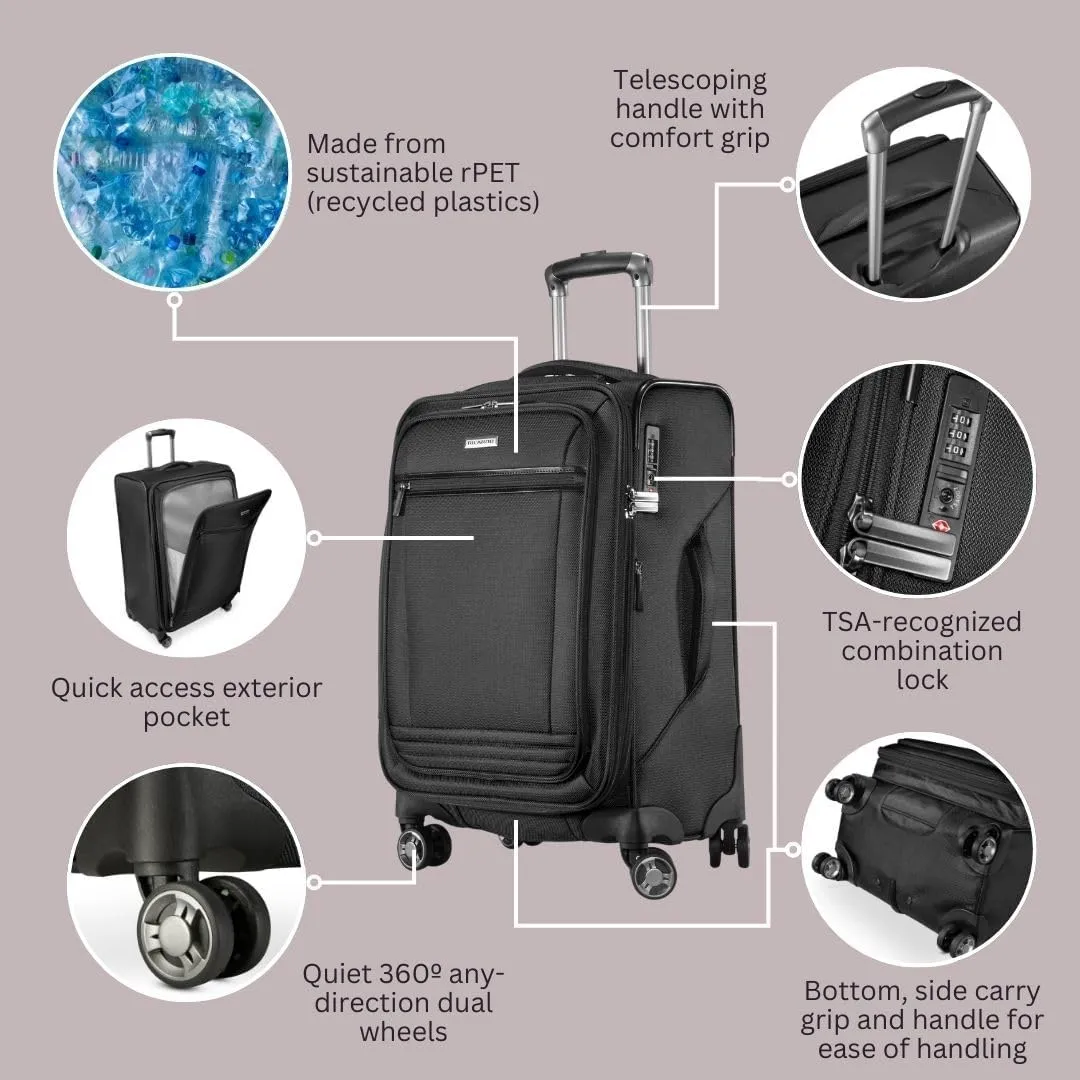 Ricardo Beverly Hills Avalon Softside Carry-On Luggage Made with Sustainable 100% Recycled PET (rPET), Lightweight, Eco-Friendly Travel, Expandable, Dual Spinner Wheels, Black, 20-inch