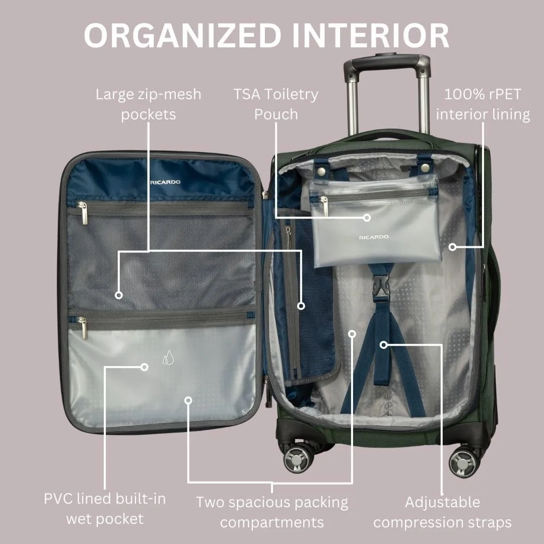 Ricardo Beverly Hills Avalon Softside Carry-On Luggage Made with Sustainable 100% Recycled PET (rPET), Lightweight, Eco-Friendly Travel, Expandable, Dual Spinner Wheels, Black, 20-inch