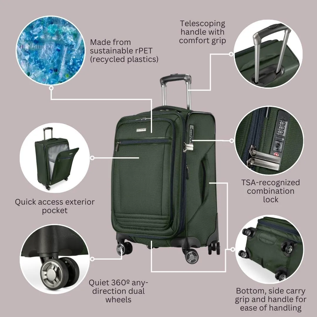 Ricardo Beverly Hills Avalon Softside Medium Check-In Luggage Made with Sustainable 100% Recycled PET (rPET), Lightweight, Eco-Friendly Travel, Expandable, Dual Spinner Wheels, Juniper Green, 24-inch