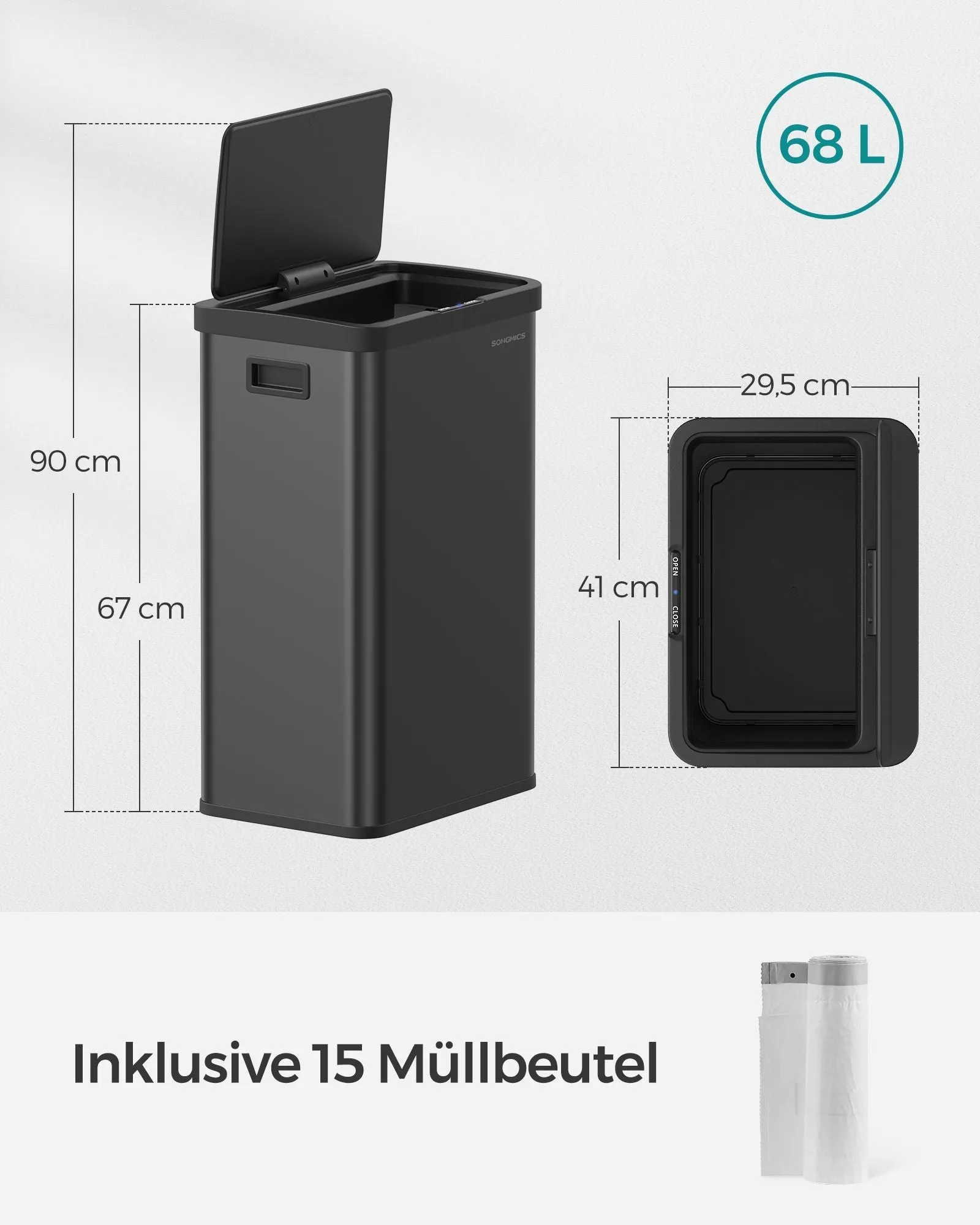 Rootz Steel Trash Can - Waste Bin - Garbage Bin - Steel Construction - 41cm x 29.5cm x 67cm - 68L Capacity