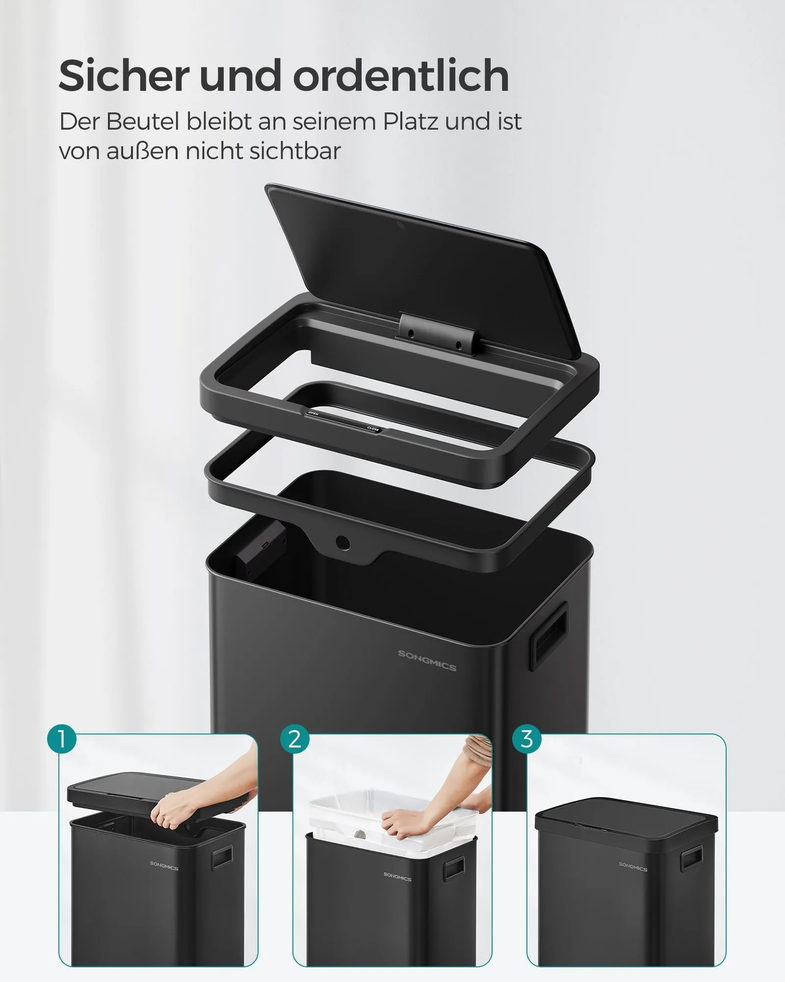 Rootz Steel Trash Can - Waste Bin - Garbage Bin - Steel Construction - 41cm x 29.5cm x 67cm - 68L Capacity
