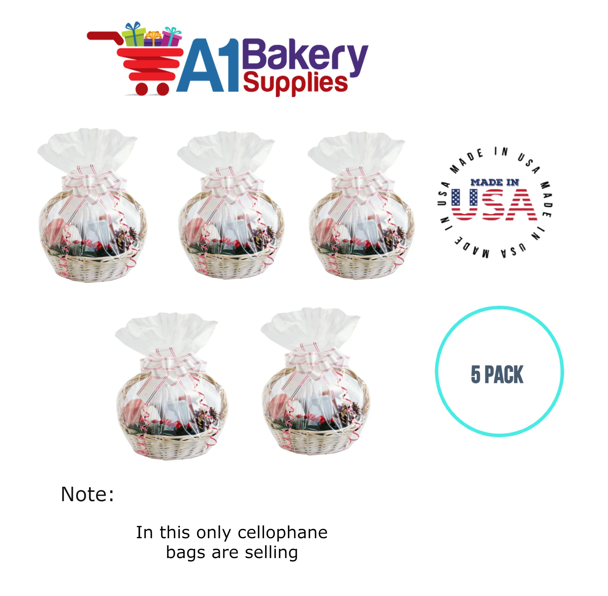 Round Bottom Basket Size 1.2 MIL BOPP Sealable Cellophane Gift Bags Bags for Gift Packing 18 x 24 Inch, 5 Pack
