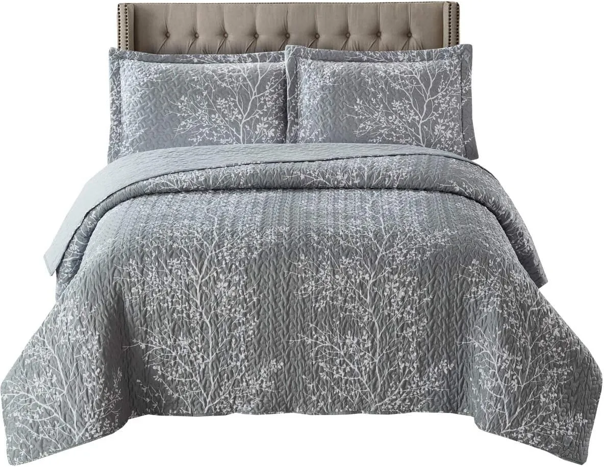 Royal Tradition 7pc Quilt Bedding Set Includes: Grey Odette Coverlet with Matching Shams and Microfiber Bed Sheets (Queen Size)