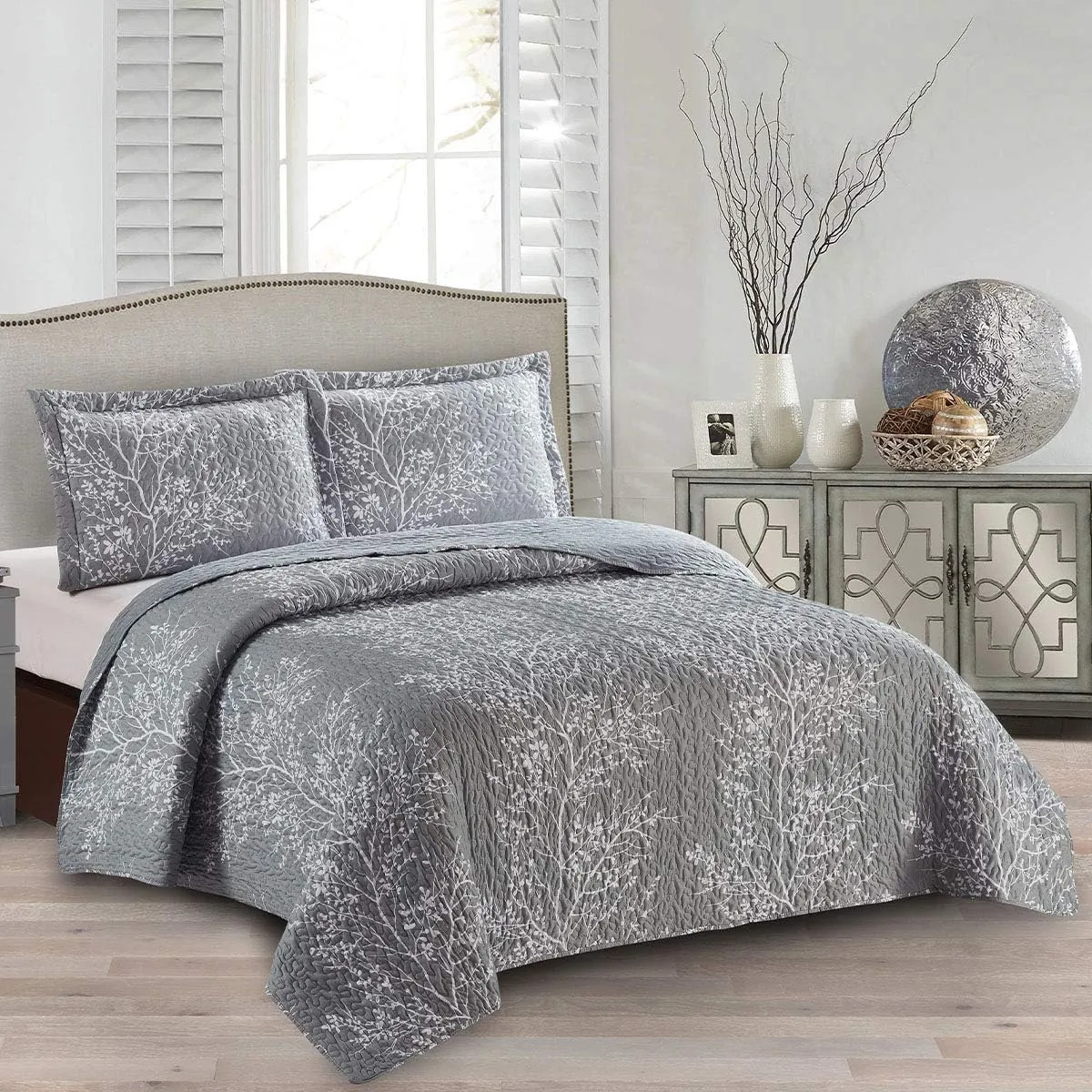 Royal Tradition 7pc Quilt Bedding Set Includes: Grey Odette Coverlet with Matching Shams and Microfiber Bed Sheets (Queen Size)