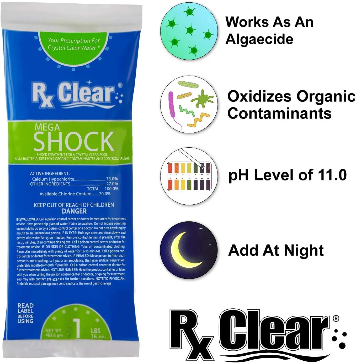 Rx Clear Mega Shock | 73% Calcium Hypochlorite | Kills Algae in Swimming Pools | Works As Pool Sanitizer Clarifier and Algicide | One Pound Bags | Single Pack