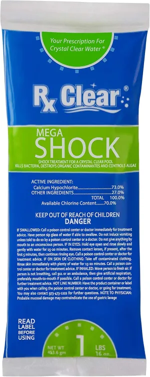 Rx Clear Mega Shock | 73% Calcium Hypochlorite | Kills Algae in Swimming Pools | Works As Pool Sanitizer Clarifier and Algicide | One Pound Bags | Single Pack