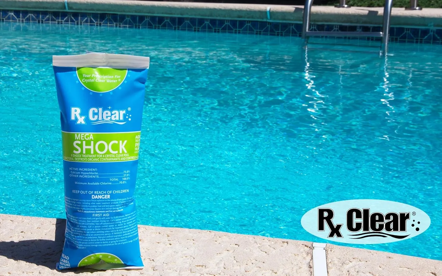 Rx Clear Mega Shock | 73% Calcium Hypochlorite | Kills Algae in Swimming Pools | Works As Pool Sanitizer Clarifier and Algicide | One Pound Bags | Single Pack