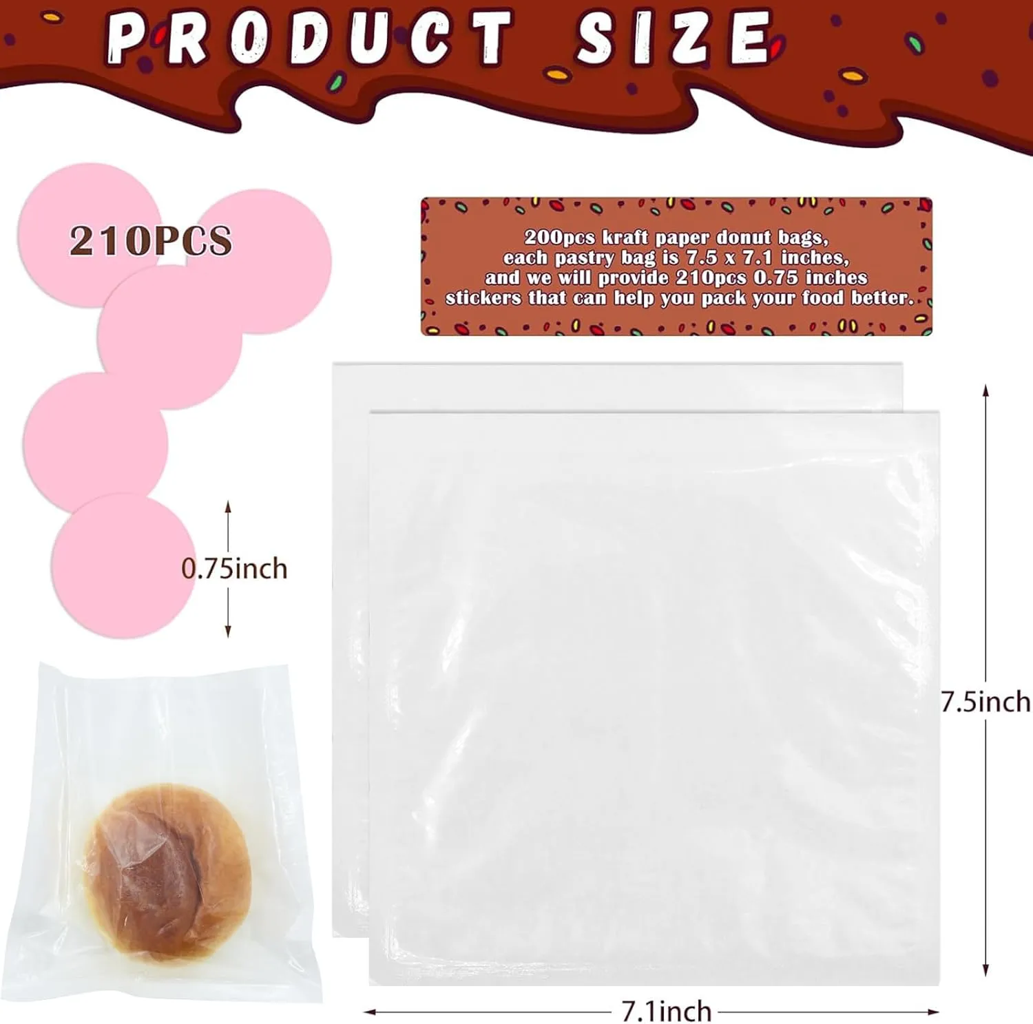 RYKOMO 200PCS Heat-Sealable Bakery Bags with Window for Cookies Packaging, 7.5 x 7.1 Inches Kraft Paper Donut Bags To Go with 210 PCS Stickers Grease-Resistant Visible Sandwich Bags Treat bags (White)